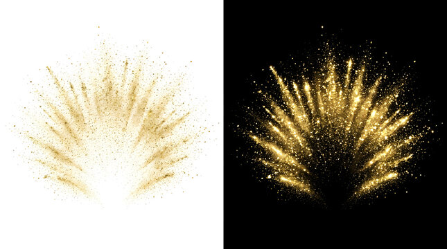 Golden Burst Explosion: A radiant golden powder explosion bursts forth with sparkling particles against both white and black backgrounds, creating a dynamic and celebratory visual.