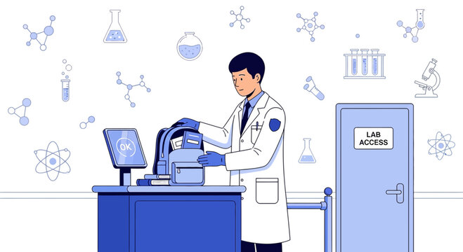 Scientist packing backpack at laboratory desk, science icons background