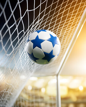 Soccer ball hitting the back of the white net during a nighttime match, scoring a winning goal, symbolizing success, achievement, and sports victory