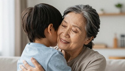 Fototapeta premium Affectionate moment: grandmother embraces her grandchild in a warm hug filled with love