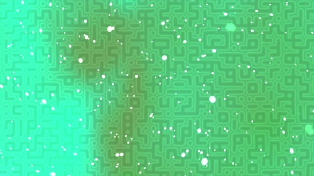 Abstract green digital background featuring a complex maze pattern and sparkling white particles.