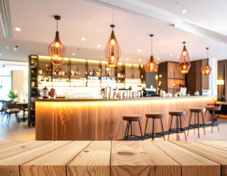 Warm Modern Bar Interior with Glowing Pendant Lights and Wooden Counter