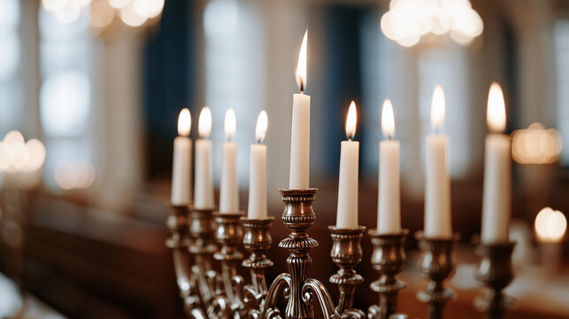 Burning white candles on ornate silver menorah standing in church or temple interior