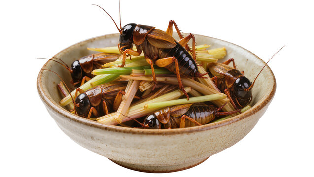 Bowl of crickets with lemongrass stalks