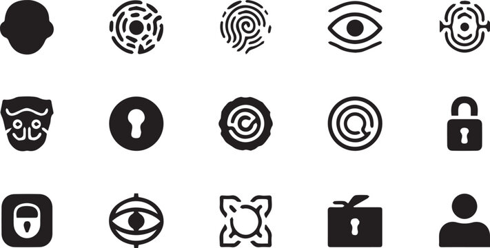 Hand drawn biometric and digital security identification symbols set. Face recognition, fingerprint, iris scan and lock elements.