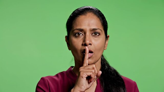 Indian woman making a quiet gesture with finger on lips against green screen background