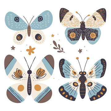 Boho inspired element collection with butterflies flowers and minimalist dots