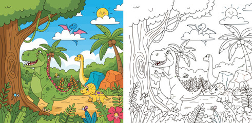 Cute Cartoon Dinosaurs Playing in a Lush Prehistoric Jungle with T-Rex, Triceratops, and Flying Pterodactyl Illustration © Dewan