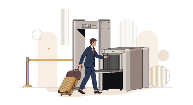 Businessman passing through airport security check with luggage