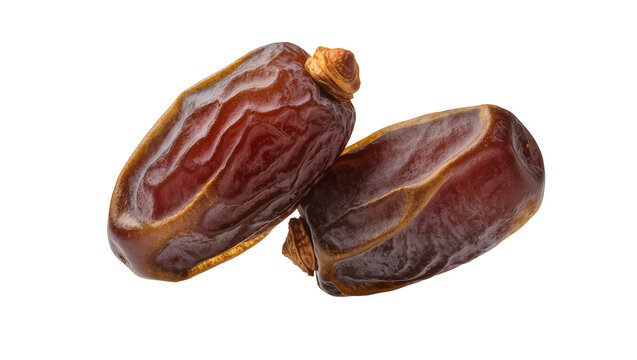Two ripe Medjool dates with wrinkled skin and stems