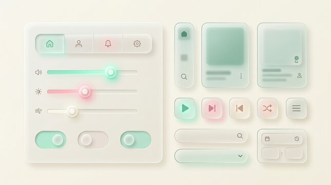 Neumorphic UI elements and controls on a neutral background