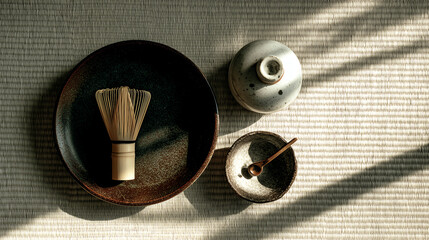 Fototapeta premium Overhead view of a Japanese matcha tea ceremony set with a bamboo whisk dark stoneware plate and ceramic bowls arranged on a woven tatami mat in soft daylight
