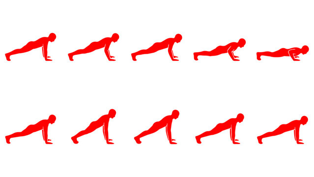 Vivid Red Silhouette Push Up Exercise Sequence of Man in Workout Motion Steps Symbolizing Vitality and Energy Perfect for Fitness Advertising Gym App and Presentation