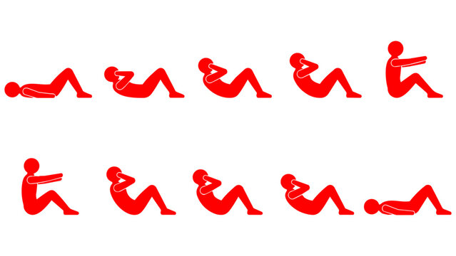 Vivid Red Silhouette Sit Up Crunch Exercise Sequence of Man in Abdominal Workout Steps Symbolizing Vitality and Energy Perfect for Fitness Advertising Gym App and Presentation