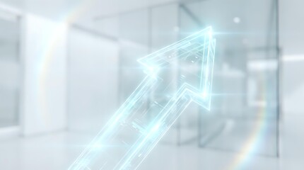 Fototapeta premium Glowing upward arrow symbolizing growth, success, and financial progress in modern corporate environment with blurred office background.