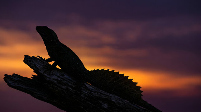 Silhouette of Sailfin Lizard Perched on Driftwood at Colorful Sunset
