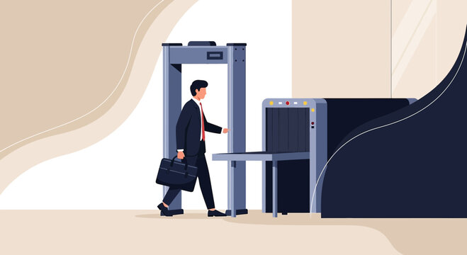 Businessman walking through airport security metal detector and xray scanner
