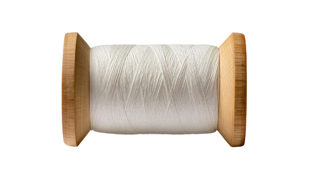 Wooden spool with white thread wound tightly