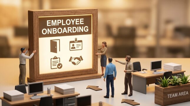 Employee onboarding scene with trainer presenting checklist on screen to new hire at office desk, conveying orientation training and workplace integration.