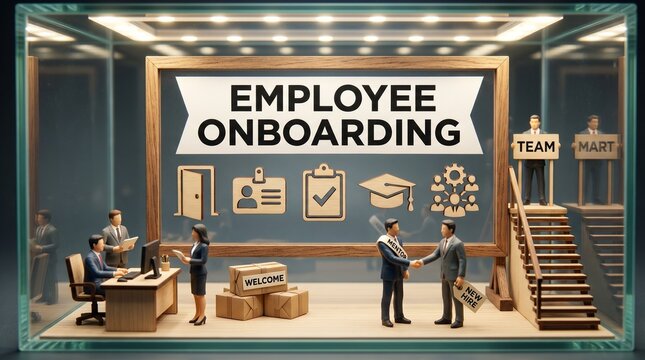 Employee onboarding scene with trainer presenting checklist on screen to new hire at office desk, conveying orientation training and workplace integration.
