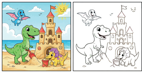Adorable T-Rex and Triceratops Building a Sandcastle on Beach with Pterodactyl Flying - Fun Cartoon Dinosaur © Dewan