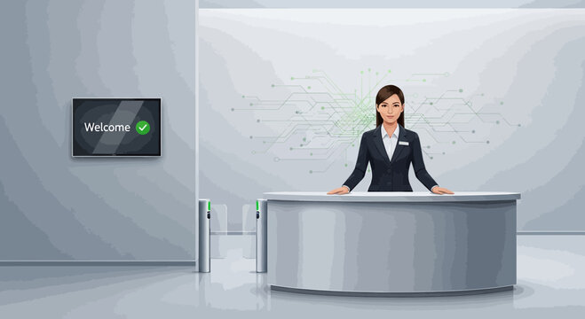 Professional Woman Greeter at Reception Desk in Modern Office Lobby