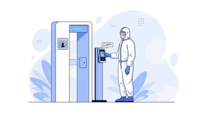 Quarantine booth with thermal scanner and person in hazmat suit