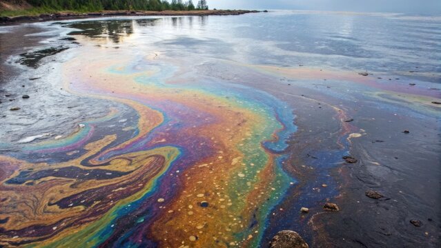 An oil spill on water near a shoreline, showing rainbow-colored slicks and pollution affecting a coastal environment.