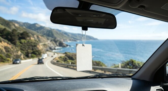 Blank white car air freshener mockup hanging from rearview mirror