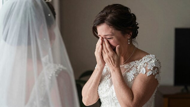 Emotional mother of the bride cries at the wedding, wearing an elegant white dress