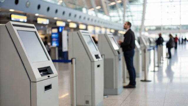 A man uses a self-service kiosk in a modern airport terminal with other travelers and multiple kiosks lined up under bright natural light.