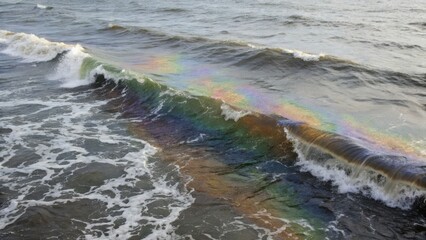 Fototapeta premium Ocean waves ripple with a subtle rainbow-like oil sheen on the water surface, creating a colorful and textured marine scene.