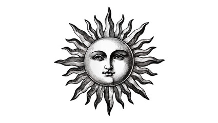 Vintage sun face with radiating rays, black and white engraving style © Lisa