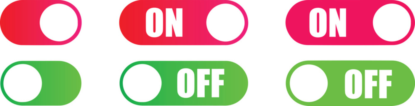 A set of six toggle switch in red and green colors with on and off labels, featuring a minimalist flat style isolated on a white background, for mobile and, web apps