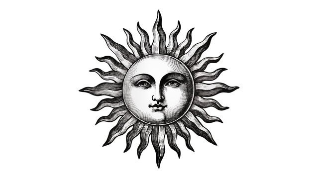 Vintage sun face with radiating rays, black and white engraving style