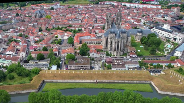 An aerial view around the old town of the city Toul in France on a sunny spring noon