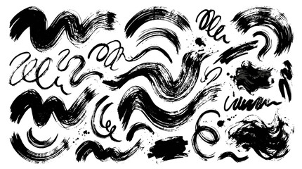 Fototapeta premium The illustration showcases various black swirling lines and shapes on a white background, creating a dynamic artistic composition.