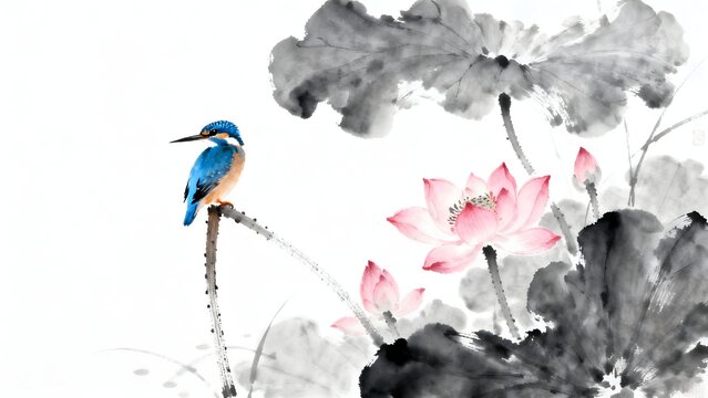 Blue bird perched on branch with lotus flowers