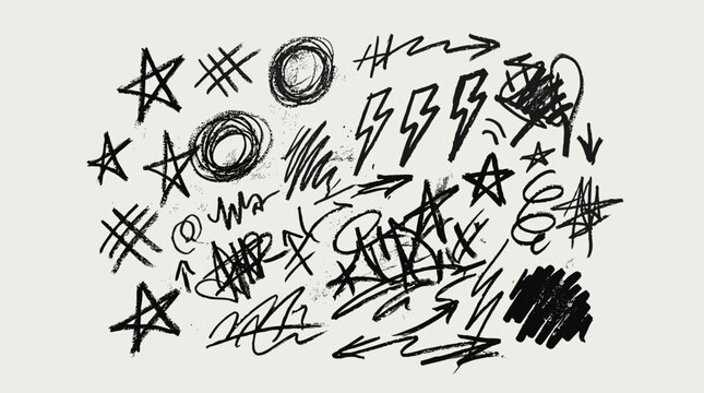 A digital illustration of various abstract shapes and symbols drawn with a black marker on a gray background.