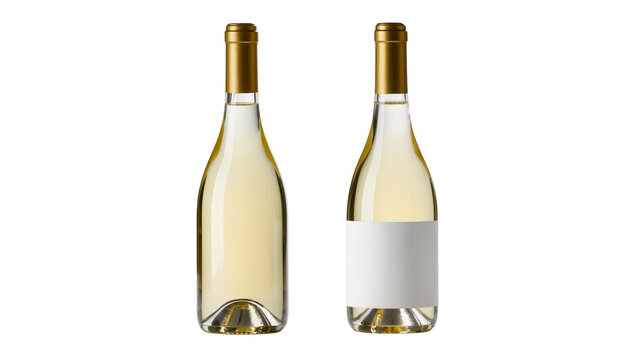 Two clear glass bottles of white wine with gold caps and blank labels