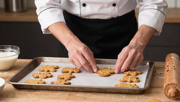 Chef decorates gingerbread man cookies with icing on a baking sheet for festive treat