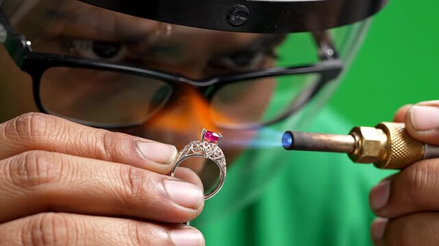 Jeweler using micro torch to solder ruby ring with precision craftsmanship jewelry