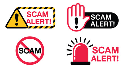 Scam Alert Notification Icon Set Featuring Fraud Notice Warnings, Malware and Hack Attack Attention Banners, Security Symbols for Cyber Threat Detection, Digital Safety Awareness and Online Protection © Mizanur Mizu
