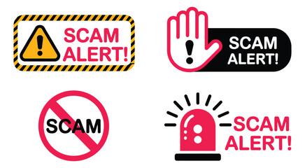 Scam Alert Notification Icon Collection with Fraud Warning Notices, Malware Alerts and Hack Attack Attention Banners, Security Symbols for Cyber Risk Prevention, Digital Safety and Secure Online  © Mizanur Mizu
