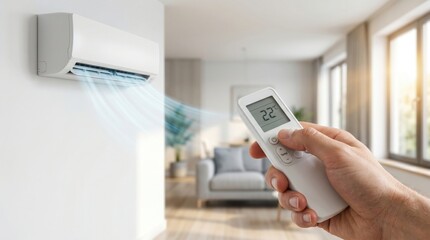 Fototapeta premium Remote control adjusting air conditioner to 22°C in a modern living room during hot summer weather. Home cooling, indoor comfort, energy efficiency and climate control