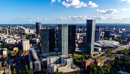 Obraz premium Modern Glass Skyscraper Cluster Rising Above Dense Urban District Under Blue Sky