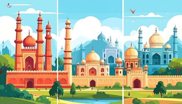 Colorful, cartoonish, horizontally split artwork featuring ornate eastern-style buildings in varied color schemes