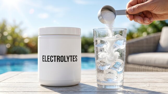 Electrolyte powder being mixed into cold water with ice on a hot summer day. Hydration drink for electrolyte replenishment, fluid replacement, dehydration prevention, sports recovery