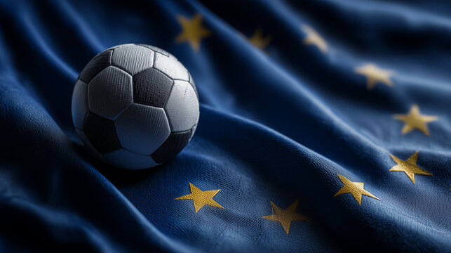 european football - soccer ball on waving european union flag