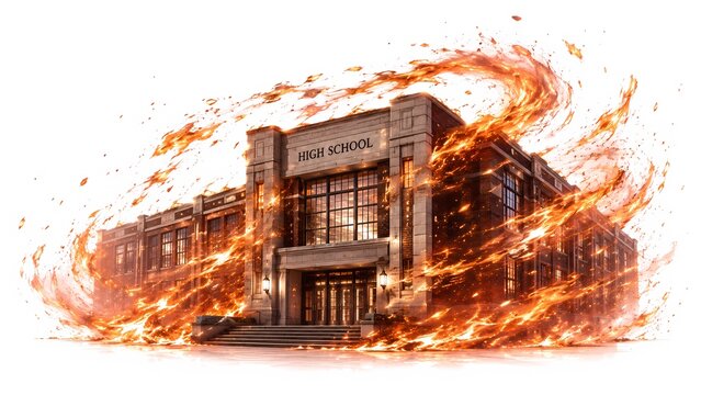 High school building engulfed in dramatic fire and swirling flames on white background
